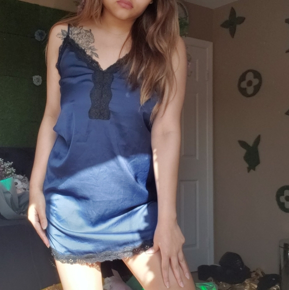 Navy Satin Dress and Lace Black Kimono - Picture 3 of 4